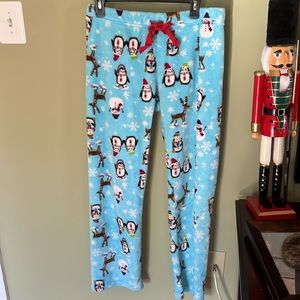 Light Blue Penguin Themed Soft Plush Fleece Pajama Lounge Pants. Size M.